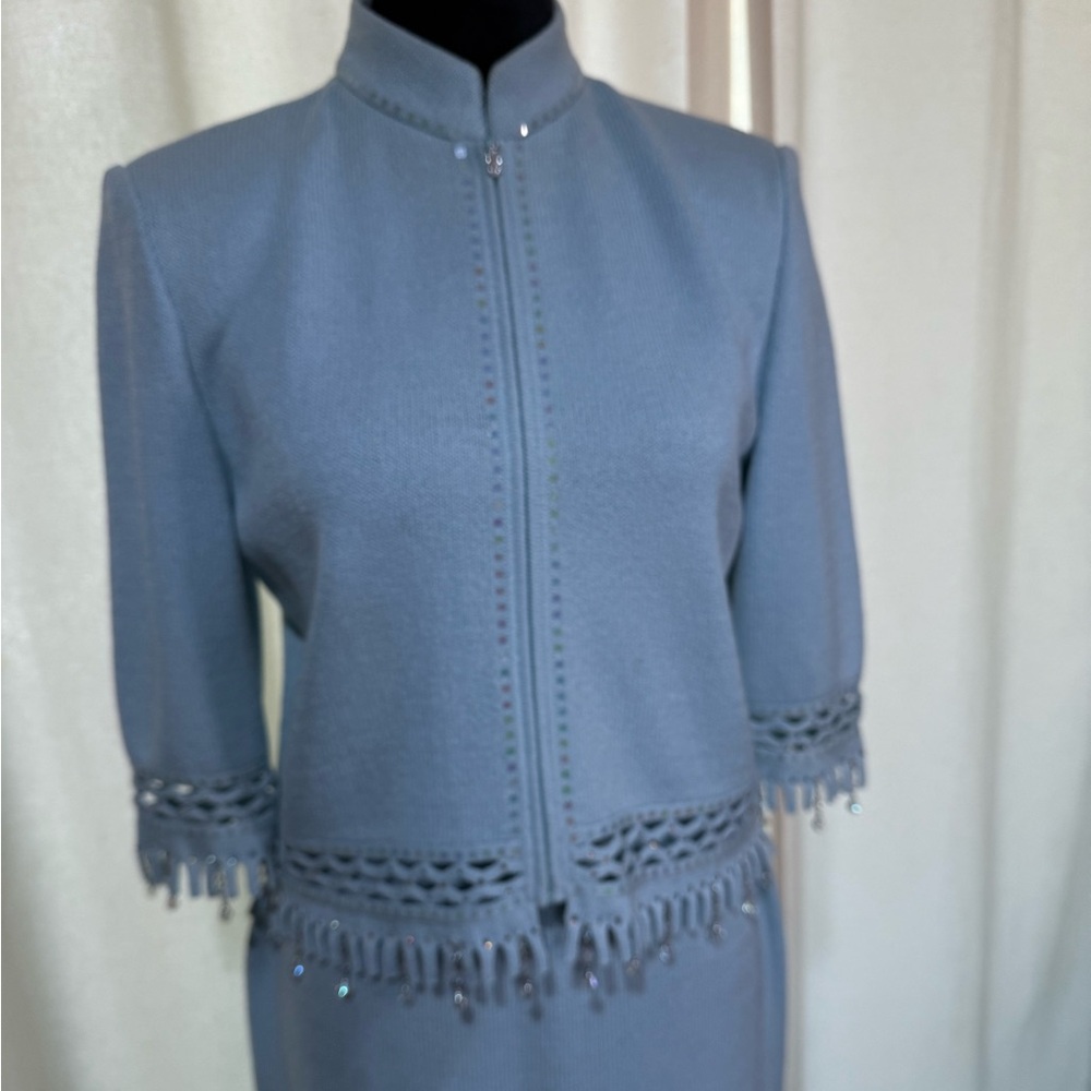 Elegant Blue Two-Piece Set with Fringe Details